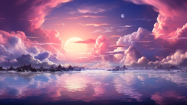 Zdjęcie fantazyjny krajobraz zachodu słońca niebo i jezioro z chmurami