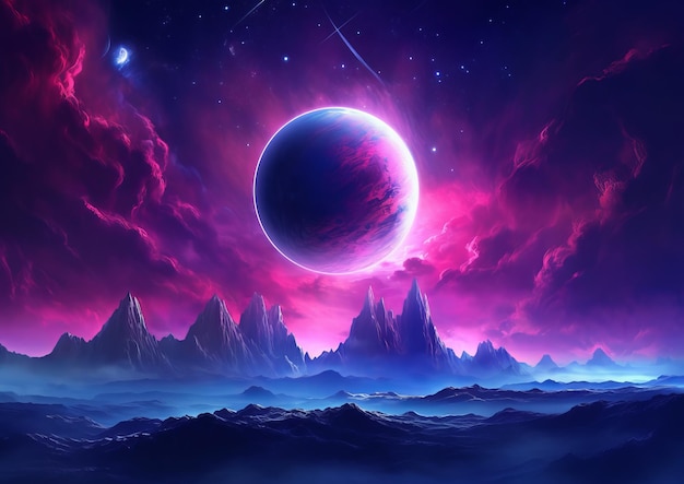 Fantazyjny obraz cyfrowy przedstawiający obcą planetę z górami i kolorowymi krajobrazami