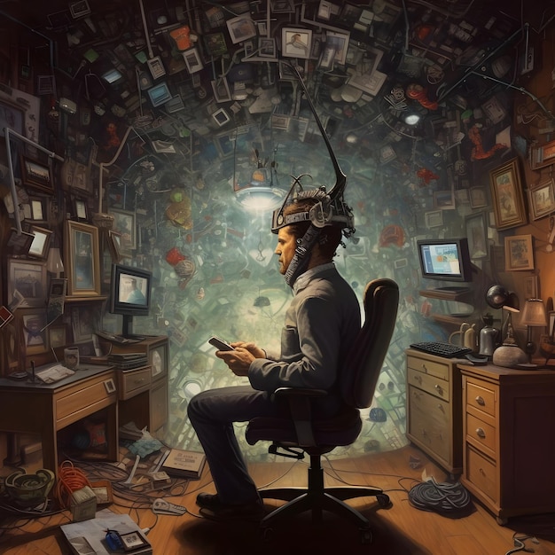 Fantazyjny obraz mężczyzny w kapeluszu lotnika siedzącego na krześle biurowym i korzystającego z telefonu komórkowego