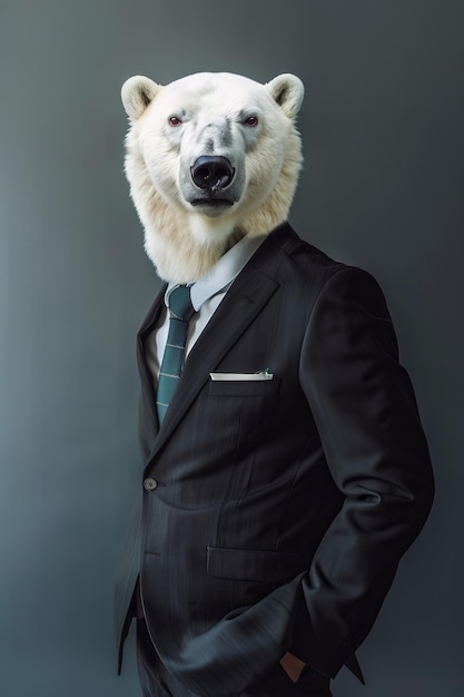 Zdjęcie fantazyjny obraz niedźwiedzia polarnego w formalnym garniturze symbolizujący profesjonalnego biznesmena ustawionego w korporacyjnym studiu z minimalistycznym prostym kolorem tła