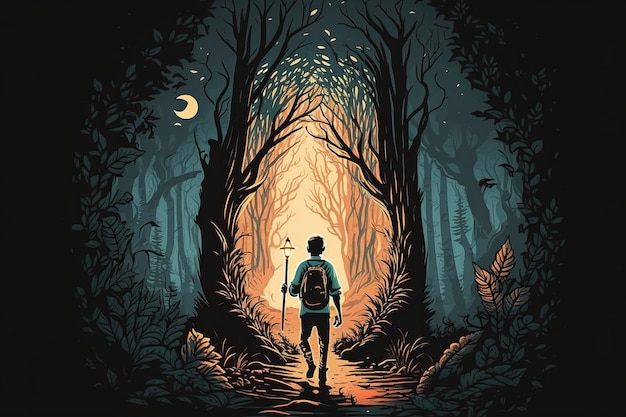 Fantazyjny obraz przedstawiający samotnego faceta trzymającego pochodnię w lesie z bajki