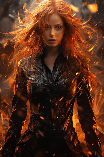 Fantazyjny portret kobiety z płomieniami ognia we włosach
