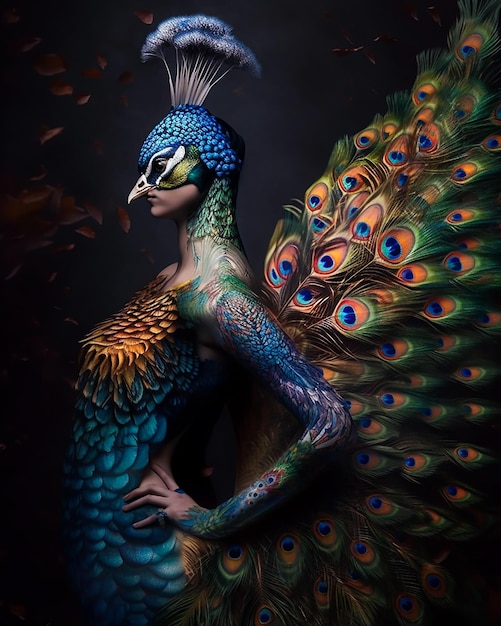 Fantazyjny portret pawiej kobiecej królowej stworzeń w kolorowych piórach