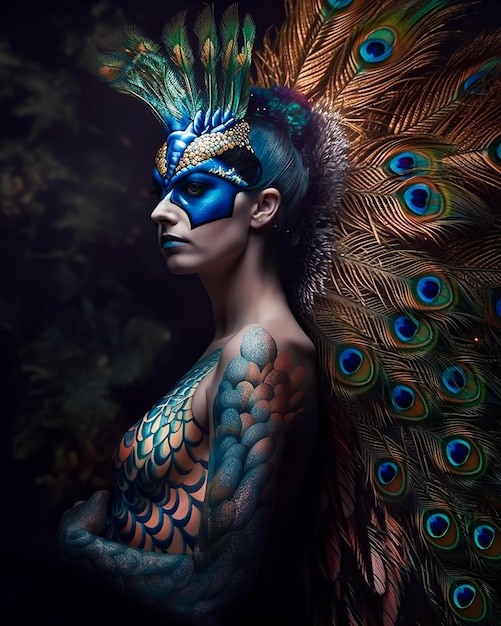 Fantazyjny portret pawiej kobiecej królowej stworzeń w kolorowych piórach