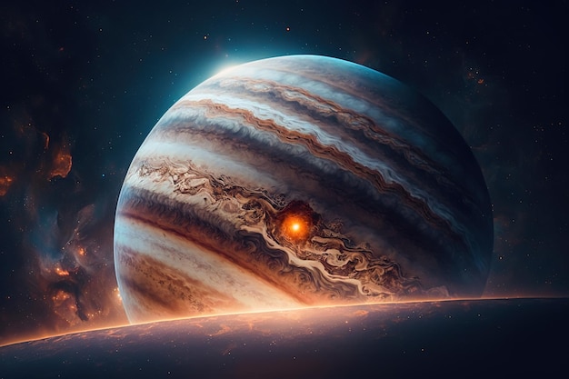 Fantazyjny widok Jowisza w kosmosie ukazuje ogromne rozmiary planet i charakterystyczną atmosferę