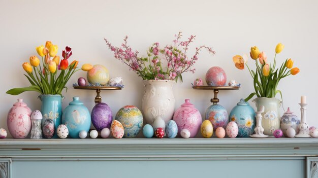 Fantazyjny wiosenny kominek z delikatnymi ceramicznymi króliczkami i kolorowymi jajkami