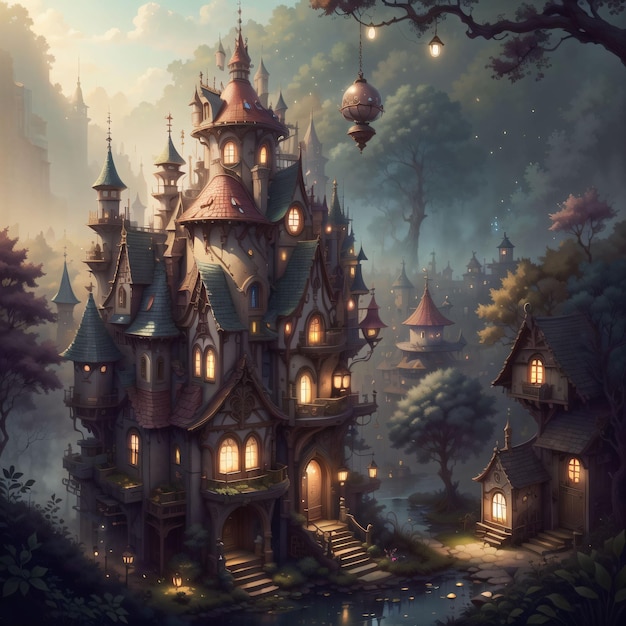 Fantazyjny zamek w lesie z jeziorem i światłami.