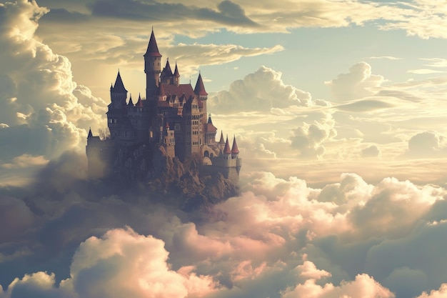 Fantazyjny zamek z bajki w chmurach wygenerowany przez sztuczną inteligencję