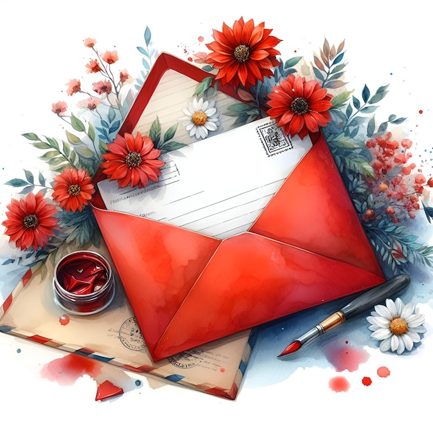 Zdjęcie farba akwarelowa miłość czerwona koperta i papier z dekoracją kwiatową dla dekoracji kartki na dzień walentynek