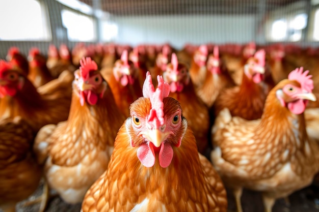 Farma kurczaków z wieloma zdrowymi kurczakami i świeżymi jajami AI Generative