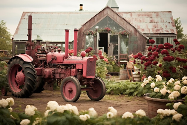 Farma malin z vintage traktorem na tle