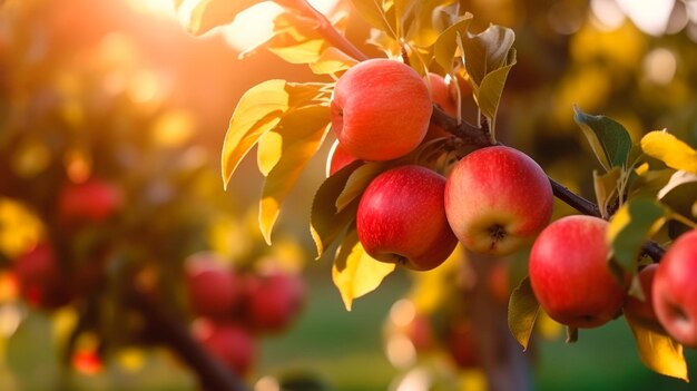 Farma owocowa z drzewami jabłkowymi Oddział z naturalnymi jabłkami na rozmytym tle Generatywny ilustrator AI