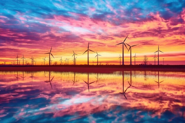Farma turbin wiatrowych przy zachodzie słońca z kolorowym niebem stworzonym za pomocą generatywnej AI