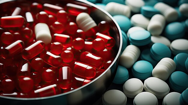 Zdjęcie farmaceutyczne tło kapsułki i pigułki z czerwonej żelatyny