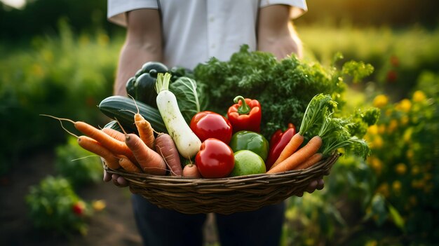 Farmer trzyma koszyk z organicznymi warzywami
