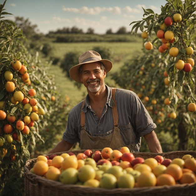 Zdjęcie farmer z dużym koszem owoców