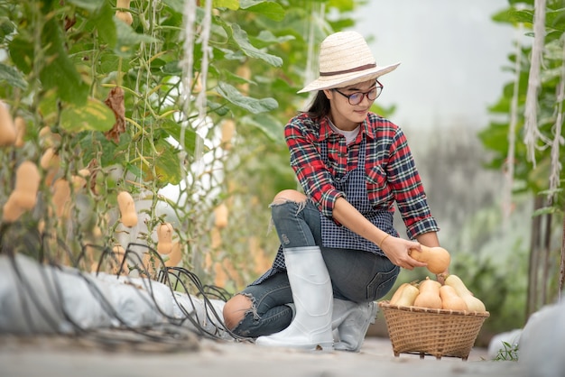 Farming panienka uśmiechający się zadowolony z butternut squash zbiorów w gospodarstwie