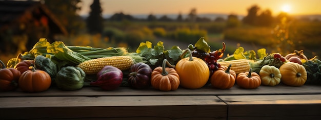 FarmtoTable Beauty dynie jabłka i kukurydzy przy zachodzie słońca