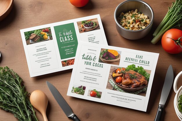 Zdjęcie farmtotable cooking class recipe cards signage mockup z pustą przestrzenią do umieszczenia logo