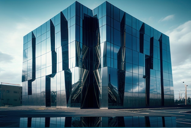 Fasada nowoczesnej koncepcji budynku ze szklanymi panelami o prostych liniach