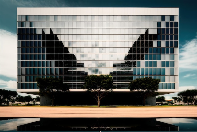 Fasada nowoczesnej koncepcji budynku ze szklanymi panelami o prostych liniach