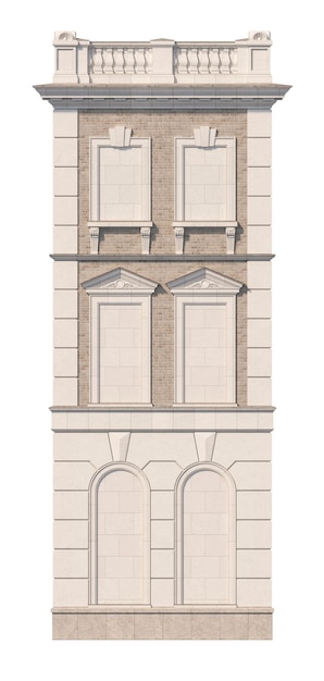 Fasada trzypiętrowego klasycznego domu z fałszywymi oknami. Renderowanie 3D