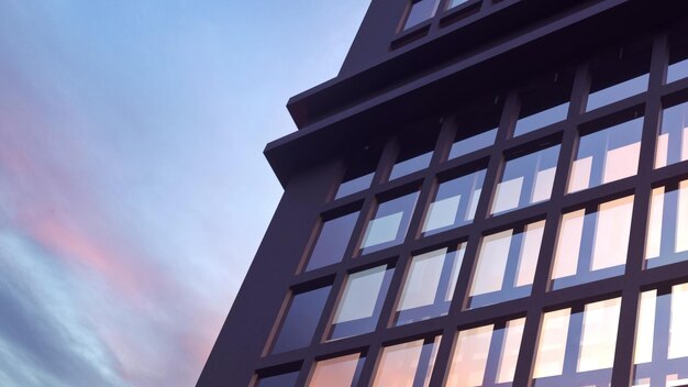 Fasada wieżowca z odbiciami nieba renderowaniem 3d
