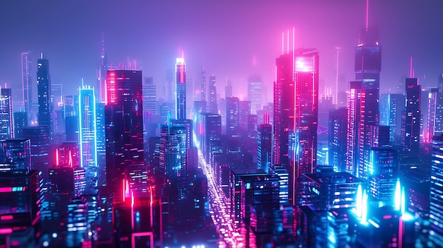 Zdjęcie fascynujący futurystyczny krajobraz miasta ożywa w tym oszałamiającym abstrakcyjnym renderowaniu 3d światła neonowe oświetlają eleganckie drapacze chmur rzucając żywy blask na tętniące życiem metropolię pe