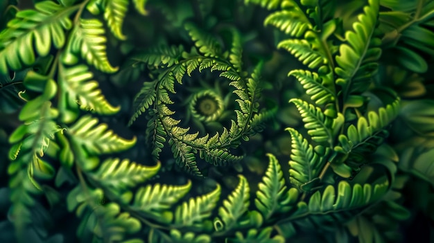 Fascynujący spiralny wzór tworzony przez bujne zielone liście paprocie