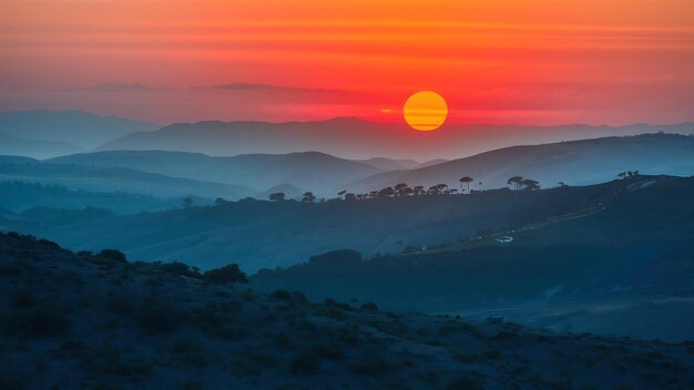 Fascynujący widok pomarańczowego zachodu słońca nad wzgórzami i górami