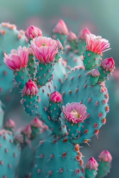 Fascynujący z bliska widok szczupłego kaktusa ozdobionego malutkimi, żywymi kwiatami sygnalizującymi
