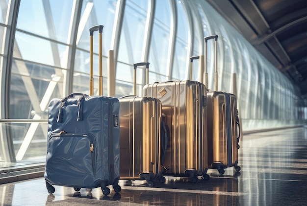 Fashion Closeup of Two Plastic Suitcases Standing At Empty Airport Corridor Stylistyczne torby bagażowe czekające w holu terminalu stworzone za pomocą generatywnej technologii AI