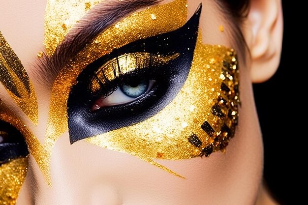 Fashion Glamour Makeup Holiday Gold Glittering Eyeshadows Stunning Art Eye Makeup AI Generative