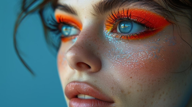 fashion portraits piękna kobieta z sztuką błyszczący makijaż na jej twarzy pomarańczowy cień do oczu