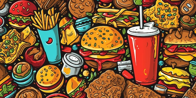 Fast food ręcznie rysowane kreskówki ilustracja Fast food zabawne przedmioty i elementy projekt plakatów