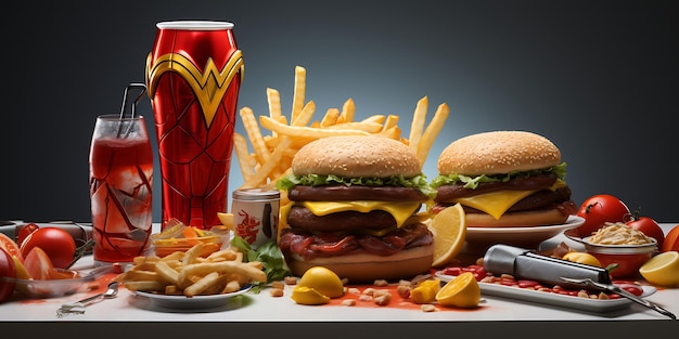 Fast food Różnorodność smacznych hamburgerów z frytkami i colą na drewnianym stole