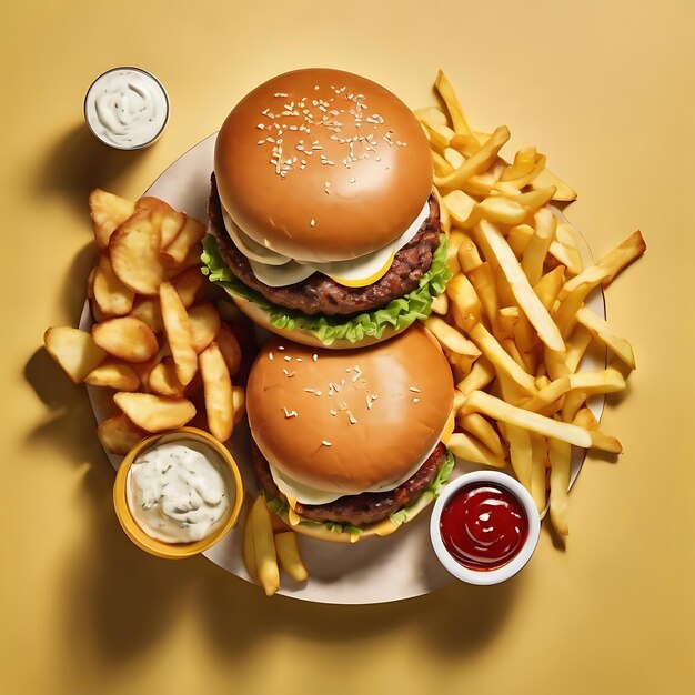 Fast food z góry widok hamburger mięsa chipsy ziemniaczane i klinki zabierają kompozycję