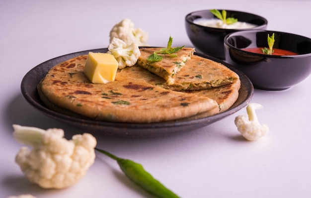 Zdjęcie faszerowany kalafior lub gobi paratha to indyjski flatbread. ulubione menu śniadaniowe lub lunchowe w północnych indiach, podawane na nastrojowym tle z twarogiem i ketchupem w misce