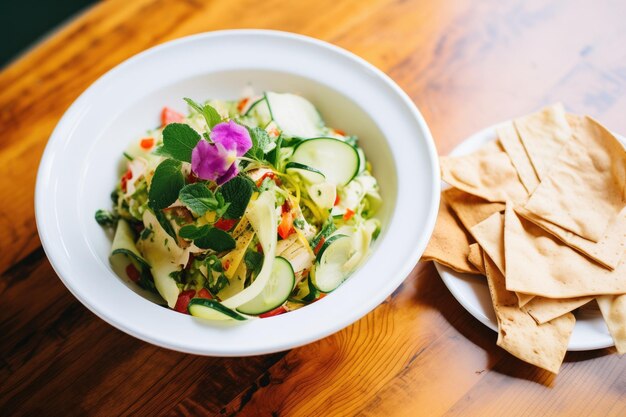 Zdjęcie fattoush z dodatkiem hummusu i plasterkami ogórka