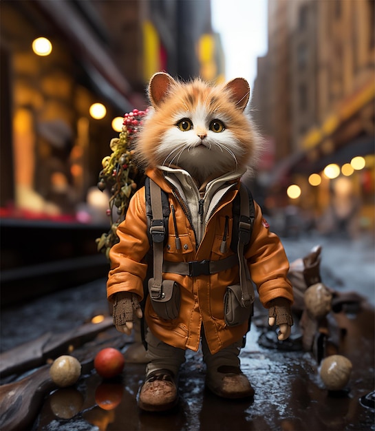 Feline Flair Realistyczny kot z plecakiem wędrujący po uroczym miejskim krajobrazie