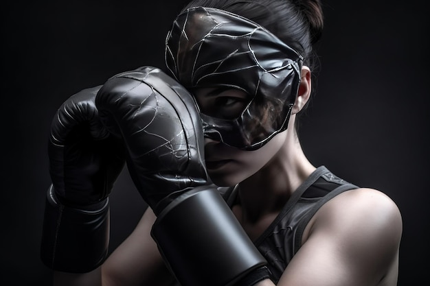 Femme Fatale Zbliżenie z zaciekłą bokserką w monotonicznym szarym i czarnym z intensywnym