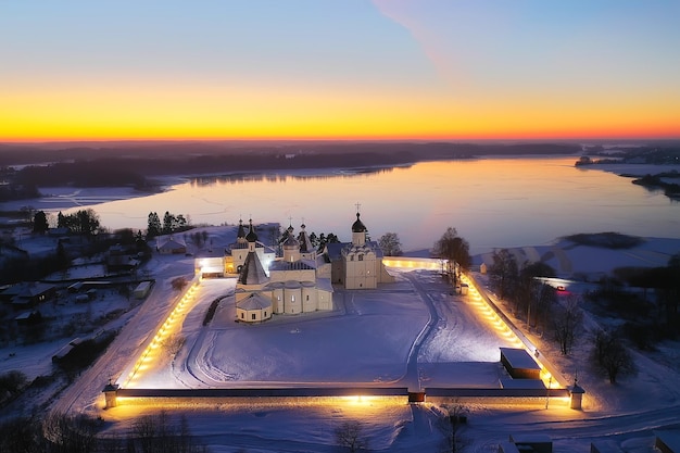 ferapontovo zimowy krajobraz klasztoru, widok z góry boże narodzenie religia architektura tło