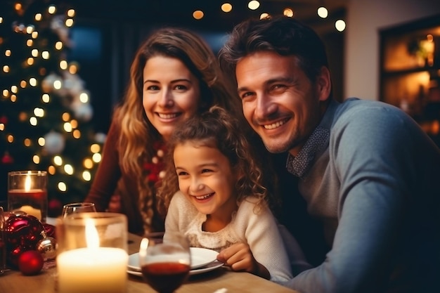 Ferie zimowe i koncepcja ludzi szczęśliwa rodzina przy stole z okazji świąt Bożego Narodzenia i nowego roku Święto w domu Niewyraźne tło Selektywna ostrość