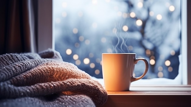 Zdjęcie ferie zimowe spokojna i przytulna domowa filiżanka herbaty lub kawy i dzianinowy koc przy oknie na angielskiej wsi inspiracja wakacyjną atmosferą domku