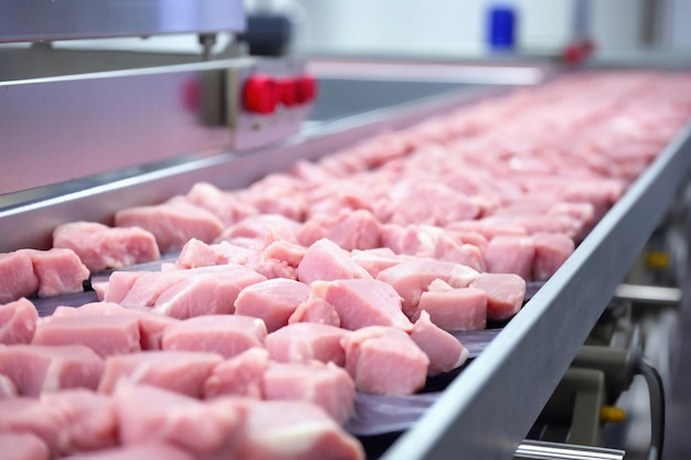 Ferma drobiu do produkcji mięsa z kurczaka Produkcja przemysłowa i pakowanie mięsa z kurczaka Filet z kurczaka i polędwica na przenośniku w warsztacie nowoczesnego przemysłu spożywczego