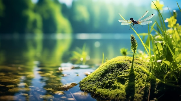 Ferns moss lake sparkling lake dragonfly jasnoniebieskie tło nieba