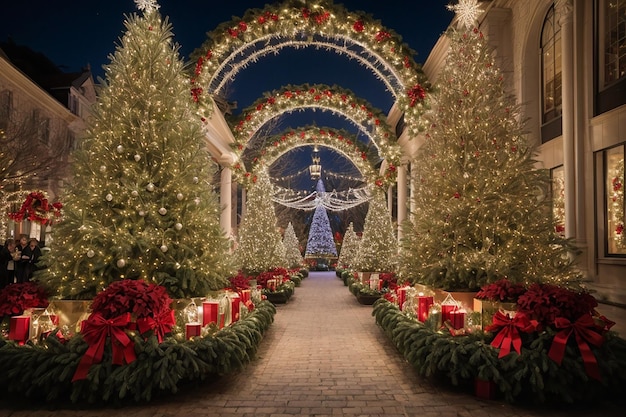 Festive Bogaty ogród z charyzmatycznymi drzewami świątecznymi czekający na odkrycie magii sezonu