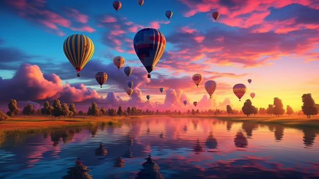 Zdjęcie festiwal balonów z gorącym powietrzem z tłem żywego zachodu słońca