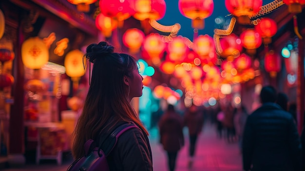Zdjęcie festiwal chińskiego nowego roku młoda dziewczyna w mieście oświetlonym neonami portret kobiety chinatown nocny dzień