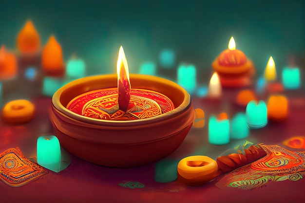 Festiwal dnia Diwali Tło latarni Diwali ze świecami i niewyraźnymi światłami